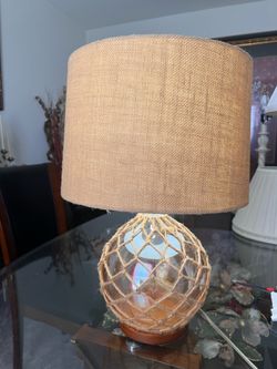 Nautical Glass Buoy Table Lamp with Burlap Shade