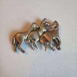 Sterling Silver 3  Horses Brooch, Pin. Mark On The Back