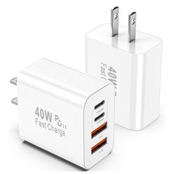 USB C Charger Block, 2 Pack 40W 4-Port iPhone Charger Fast Charging Multiport PD 3.0 & QC 4.0 Double Quick Charge, Compatible with iPhone 16/15/14/13/