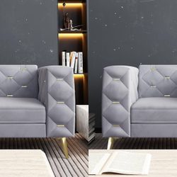 Set of 2 Chesterfield Chair, Velvet Upholstered Couch with Square Arms and Tufted Back, Mid-Century Modern Sofa Couch with Metal Buckle Decor and Meta