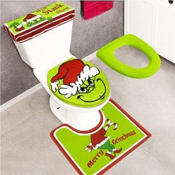 Christmas Bathroom Decor, Grinch Toilet Seat Cover Set Sets with Toilet Lid Cover Toilet Seat Cover Floor Rug Tank Cover for Bathroom Decorations
