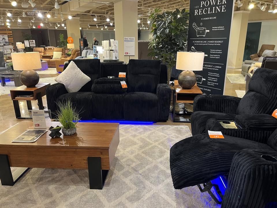 Black corduroy Power Recliner sofa features LED lighting, wireless audio connectivity & much more