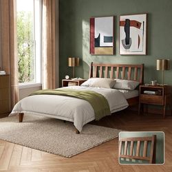 1783a  Ted Bed Frame with Headboard, Mid Century Modern Acacia Solid Wood Platform Bed Frame, Wooden Slats, No Box Spring, Double Metal Bar Support (S