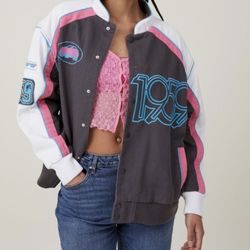 Barbie Moto Jacket with detailed patches. Size medium. Oversized. Sold out.