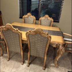 High End Dining Room Table. Carved  Solid Wood Two Leafs And Eight Chairs 