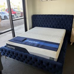 Queen Bed Frame In Blue Velvet 