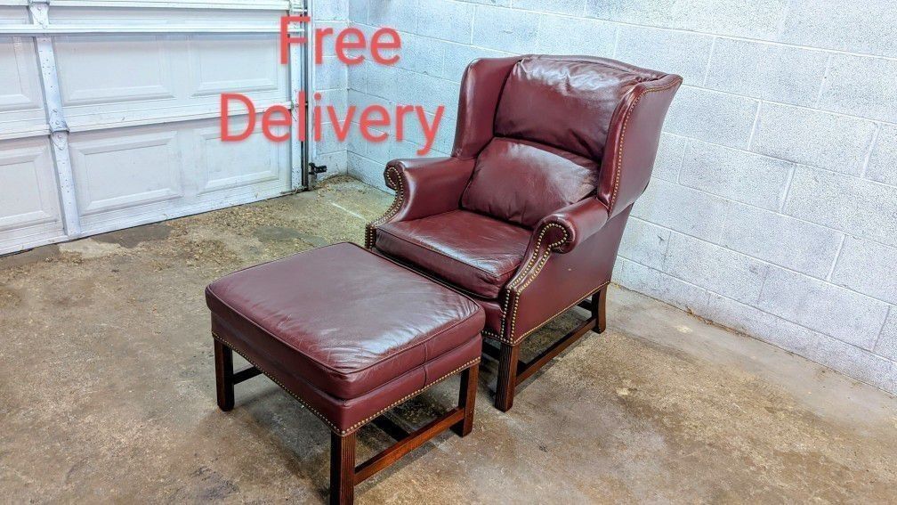 Classic Leather Inc Wingback Chair and Ottoman, Top Grain Leather