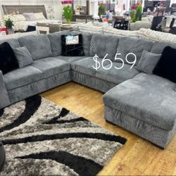Beautiful 4-Pc Corduroy Sectional Sofa With Double Storage, USB Port,  And Pullout Bed 