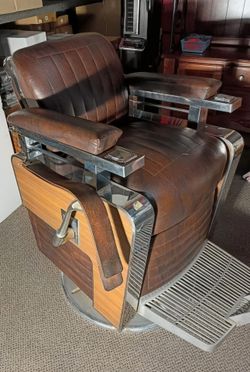 Antique Koken Barber Chair with headrest– Brown Leather & Chrome – Excellent Condition