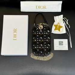 Lady Dior Call'in Dior Phone Holder Crossbody Black Patent Cannage Calfskin phone case mini bag full set
