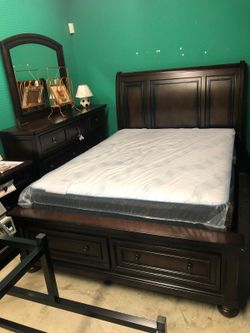 Darkwood Platform Bed with Drawers! Dresser + mirror + nightstand included $1399