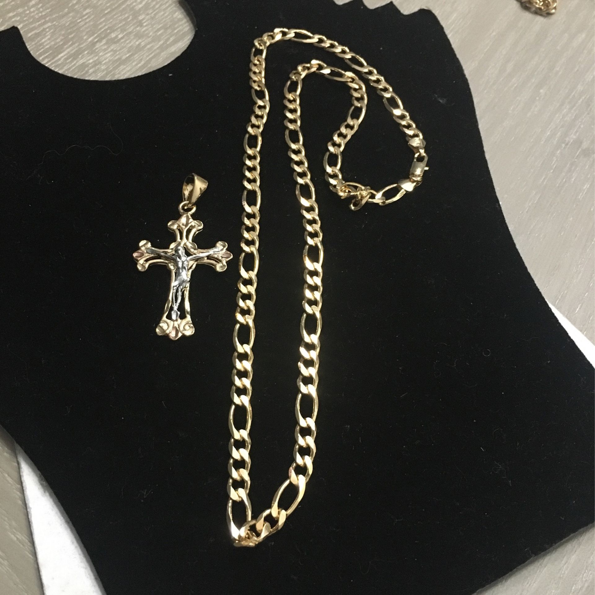 Thick 24 Inch 14k Gold Bonded Figaro Men’s Chain With Two Tone Cross Set For Sale