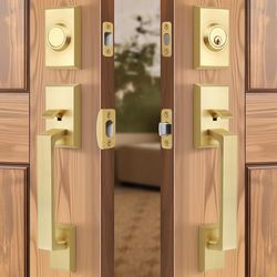 LOQRON Brushed Gold Double Front Door Lock Set, Keyed Entry Front Door Handleset With Dummy, Square Heavy Duty Door Lever And Single Cylinder Deadbolt