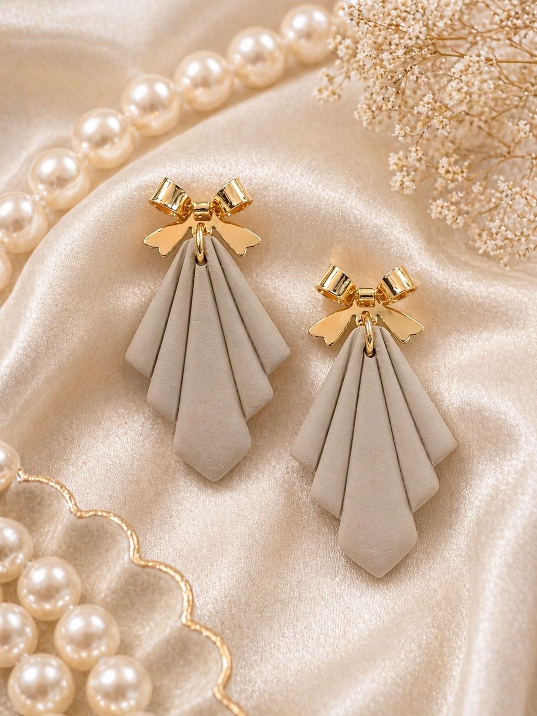 Beige Fan Handmade Polymer Clay Earrings