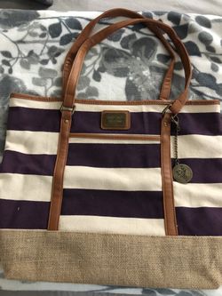 Younique striped canvas and burlap beach tote