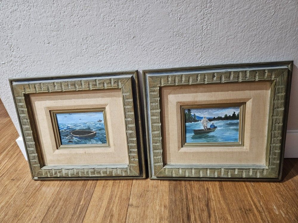 Vintage Framed Original Oil Paintings – Rustic Nautical Lake Scenes – Set of 2