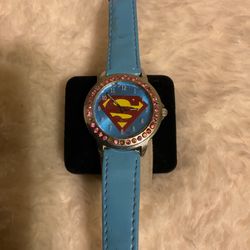 Vintage Stainless Steel Back Superman Watch With Sky Blue Band(TM&DC Comics)