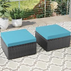 Turquoise Rattan Ottoman Set of 2