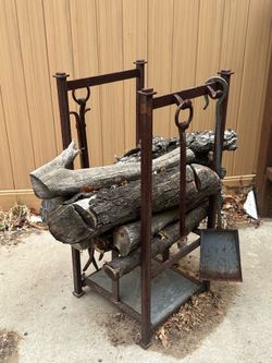 Wrought Iron Fireplace Log Rack With Tool Holder