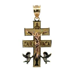 Men’s Woman’s 10k Tri Toned Rose White Yellow Gold Caravaca Cross Crucifix with Angels Pendant For Necklace 1.25” Inch GP3116790