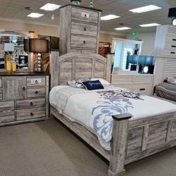 4PC Rustic gray real wood bedroom set
