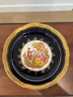 Limoges Castel France 22K Gold Cobalt Blue Plate Fragonard Courting Couple 10"