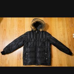Men's Small GAP black hooded faux fur trim parka coat