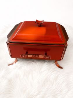 Large Square Orange Metal Chafing Dish with Handles, Stand, and Glossy Finish