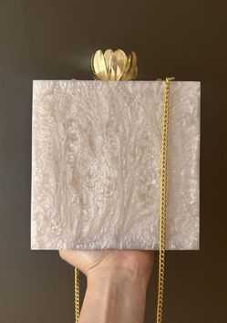Elegant Handcrafted Nude Pearlized Marble Sahara Clutch with Detachable Vintage-Style Golden Lotus Closure 