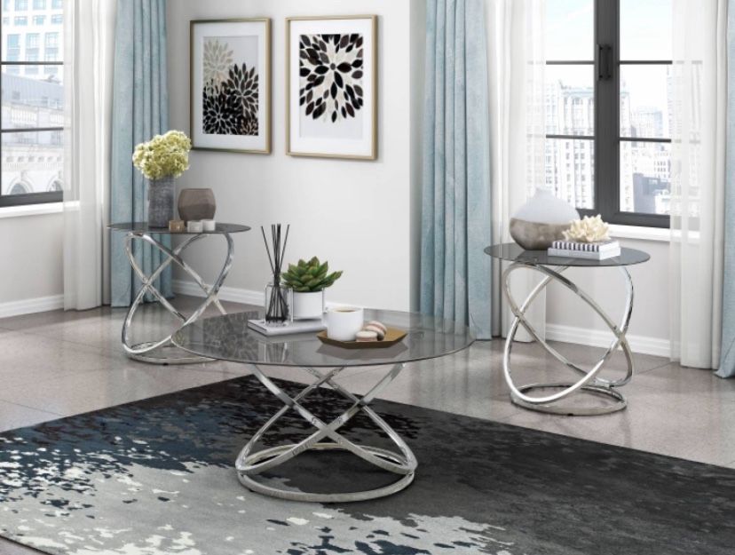 Set of 3 Occasional Coffee & End Tables (2) contemporary chrome-finish Tempered Glass  