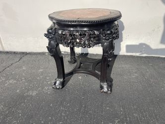 Antique Chinese Foliate Carved Rosewood Rouge Marble Top Stand, 1900