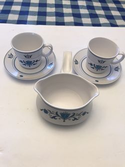 Noritake "Blue Haven" Handled Gravy Boat & 2 Cups With Saucer Plates