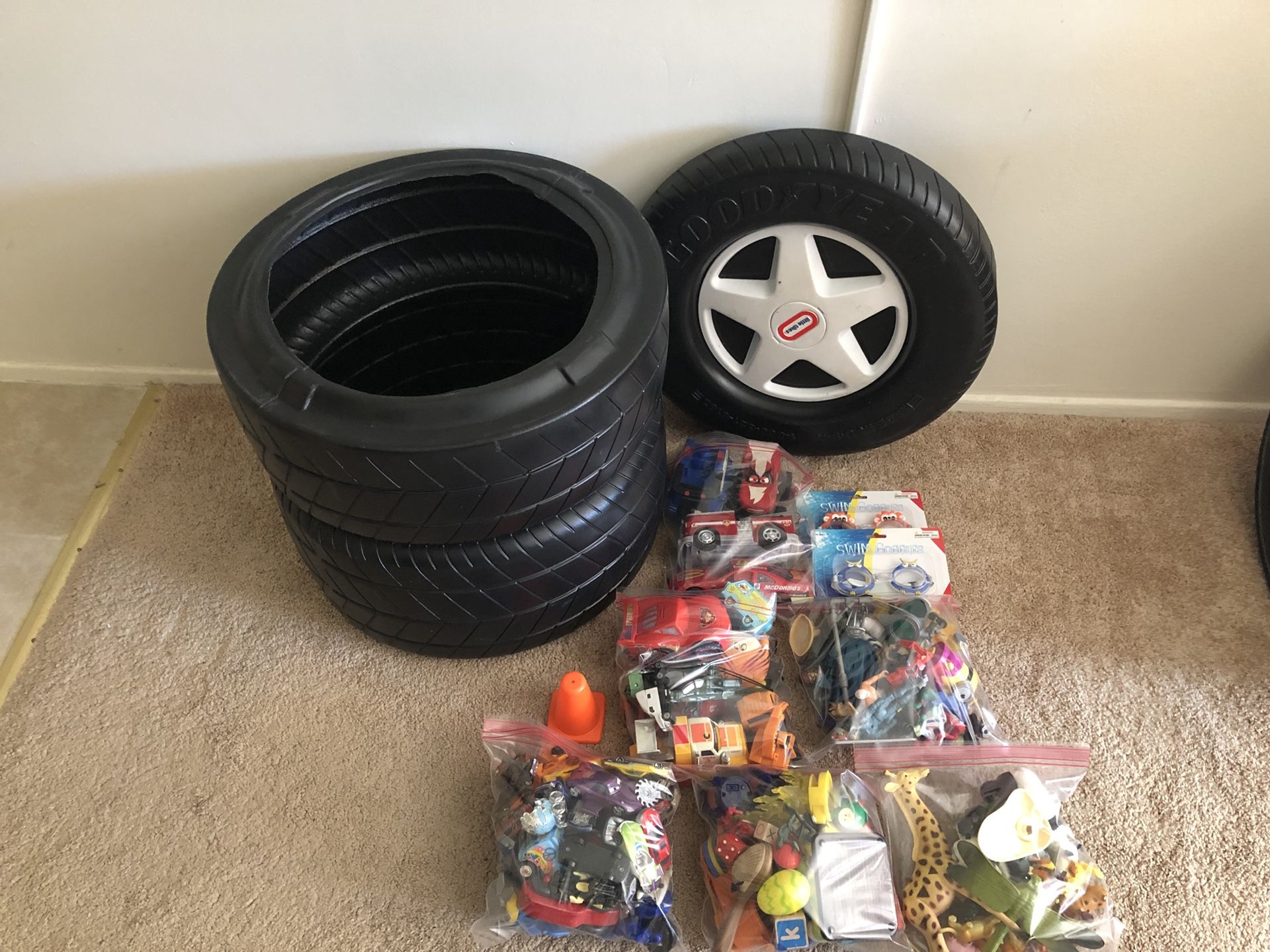 Little Tikes Classic Racing Tire Toy Chest + 3 bags of Disney/ Hot wheels cars & 3 bag of Misc toys