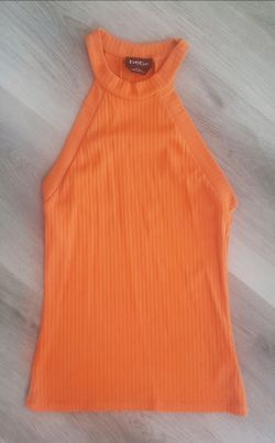 Bebe Vintage High Neck Halter Tank Top Neon Orange Ribbed Knit Small S Made in USA