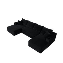 134 Inch Modular Sectional Sofa, Cloud Boneless Couch for Living Room Modern Corduroy Couch w/ Side Pockets & Cup Holders, Oversized 4 Seater Deep Sea