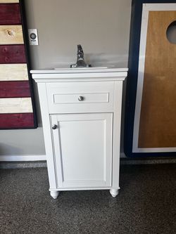 Small White Bathroom Vanity with Sink and Faucet