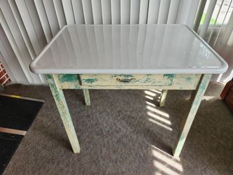 Vintage Porcelain Enamel Top Table with Drawer