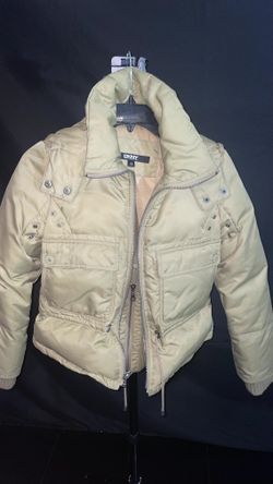 DKNY Tan Beige Quilted Puffer Jacket XS – High Neck, Full Zip