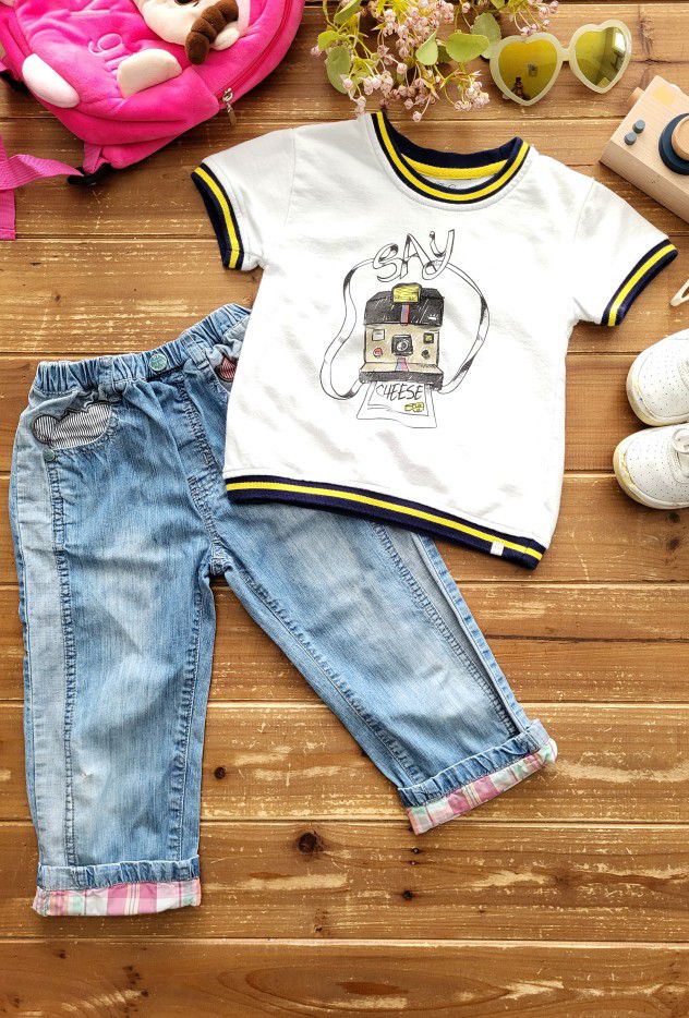 4T-5T 2-PIECE OUTFIT 'SAY CHEESE' SWEATSHIRT FLEECE TEE W/QUIRKY PULL-UP  BAGGY JEANS