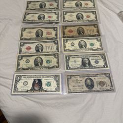 1$ Silver Certificate , 7- Red Seal 2$ Bills And  A Brown Seal 20& Bill