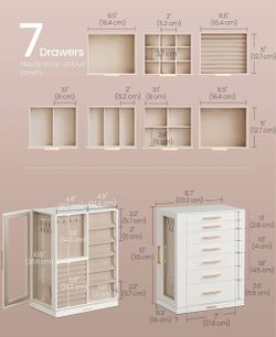 SONGMICS Jewelry Box 360° Rotating Storage Case w/ 7 Drawers Glass Window - Warm White