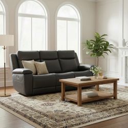 Kenol 88.2'' Wide Gray Genuine Leather Power Reclining Sofa with Adjustable Headrest- Brand New In Box