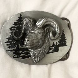 Longhorn Sheep Belt Buckle SISKIYOU Pewter & Black Enamel