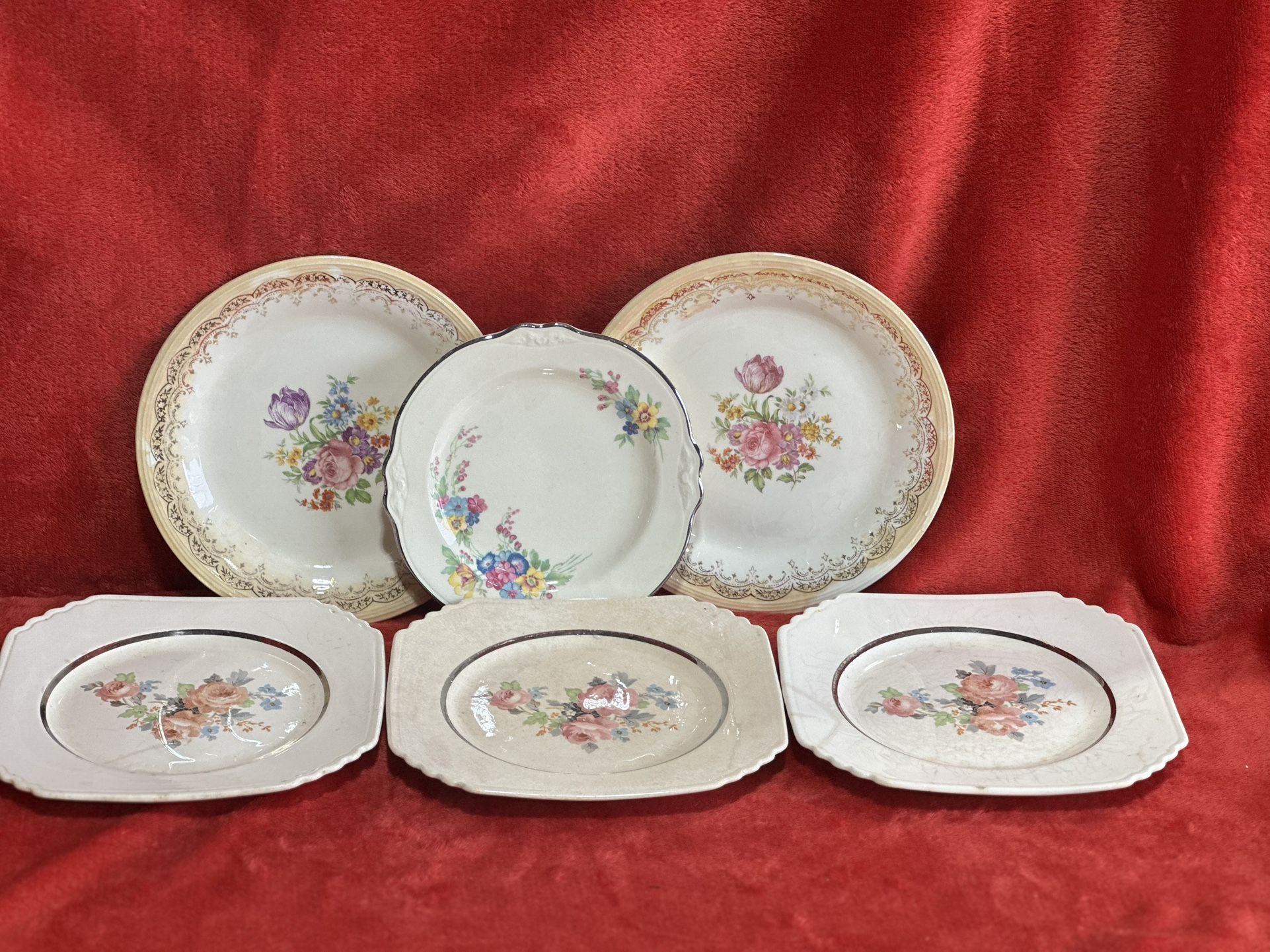 π Vintage Floral Plate Set β 6 Mixed Pieces β 22K Gold Trim β Made in USA