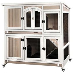 47"L Rabbit Hutch Indoor Wooden 2 Story Rabbit Large Bunny Hutch Outdoor Bunny Cage on Wheels