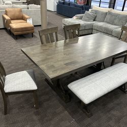 Oak Solid Wood Table Set (table, Chairs And Bench)