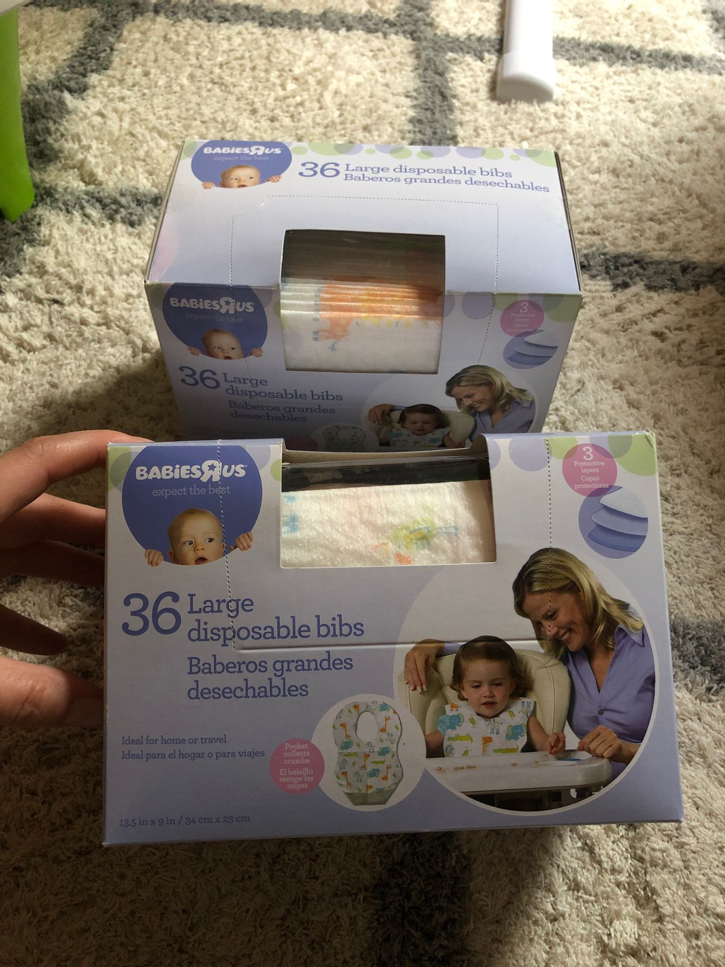 72 (2 boxes of 36) Babies R Us large disposable bibs.