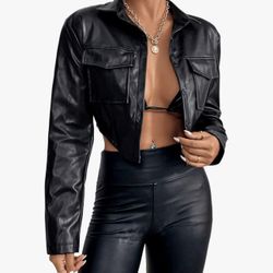 Cropped Black Leather Jacket