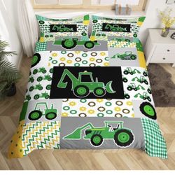 Excavator Bedding Set Construction Vehicles Comforter Cover for Kids Boys Girls Teens Equipment Trucks Green Duvet Cover Breathable Cartoon Car Bedspr