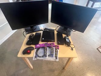Set - Lenovo ThinkCentre cpu, 2x ThinkPad Thunderbolt docks, 2x 25in monitors, ergo mouse, 3x HDMIs